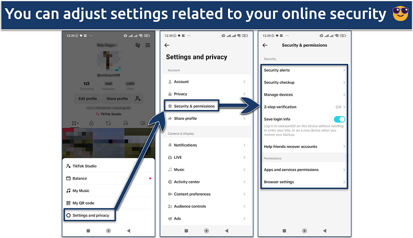 Screenshot showing how to access Security and permissions settings on TikTok's Android app