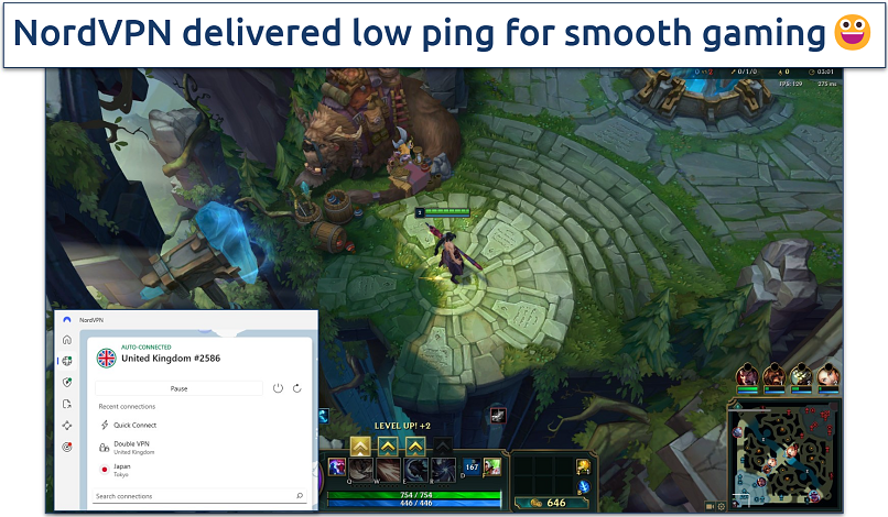 Screenshot of LoL gameplay with NordVPN connected