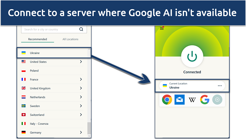 A screenshot showing ExpressVPN's server selection interface