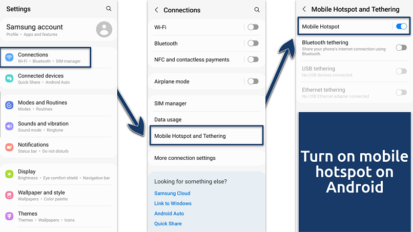 Screenshot showing steps to turn on a WiFi hotspot on an Android smartphone