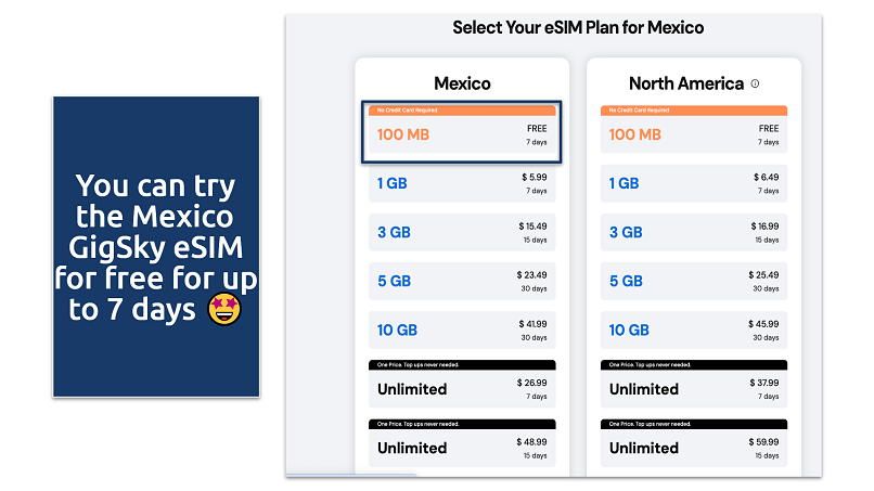 Screenshot showing the GigSky Mexico eSIM plans