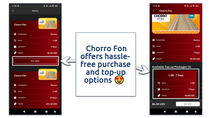 Screenshot of Airlao's Chorro Fon eSIM options