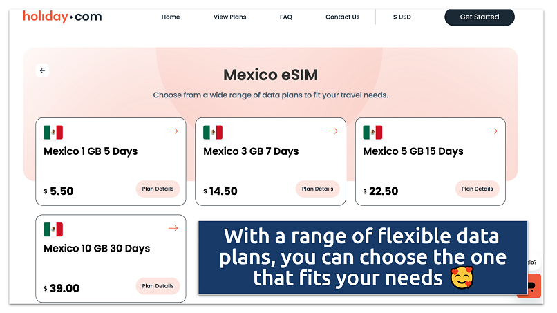 Screenshot showing the Holiday Mexico eSIM plans