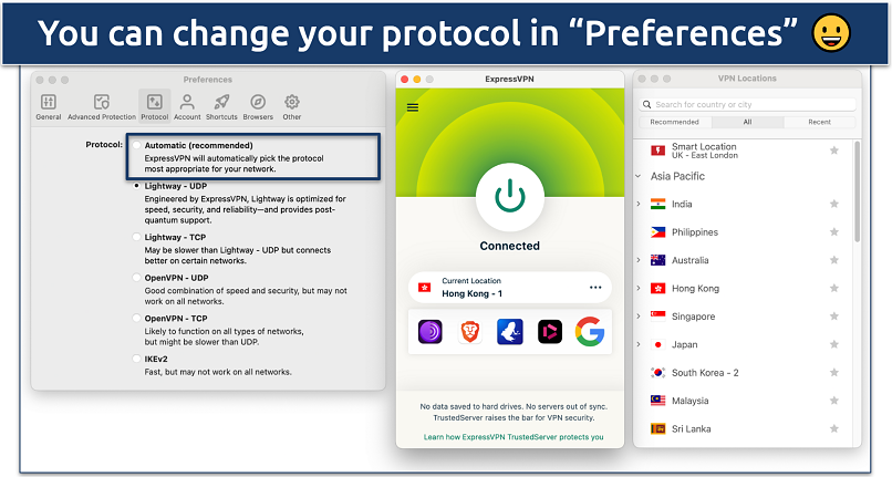 Screenshot showing the 3 interfaces of the ExpressVPN app