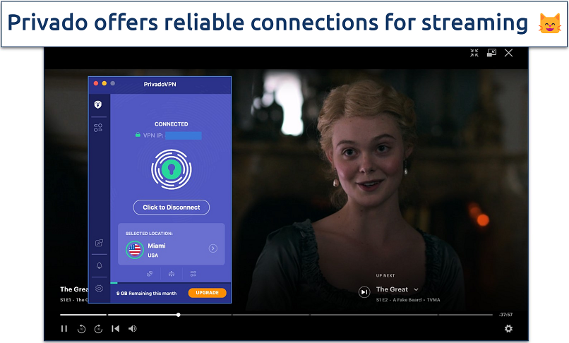 Screenshot of The Great streaming on Hulu with PrivadoVPN connected