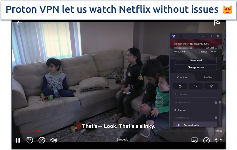 Screenshot of Netflix streaming with Proton VPN connected