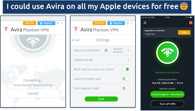 Screenshots showing the Avira Phantom macOS and iOS apps