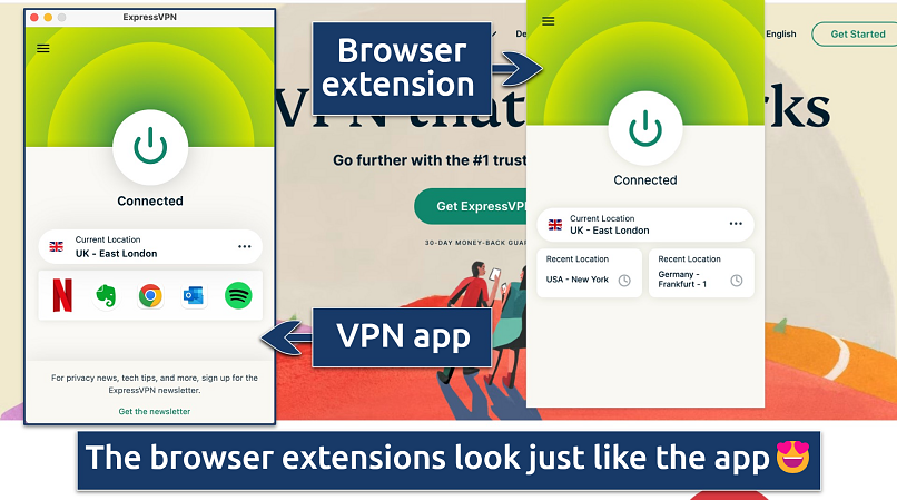 Screenshot comparing the ExpressVPN app with the browser extension