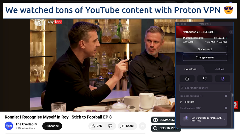 Screenshot showing the Proton VPN app over YouTube streaming on a browser