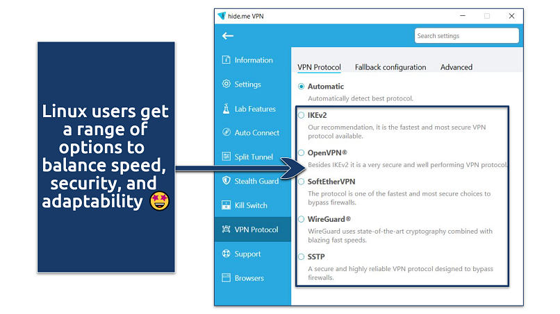 Screenshot of hide.me VPN protocol settings