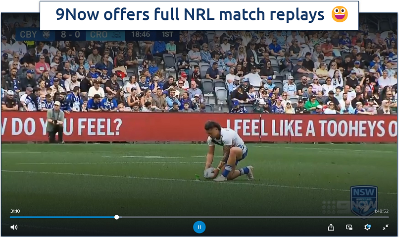 Screenshot of streaming  CBY vs CRO from the NSW NRL league on 9Now