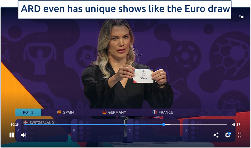 Screenshot of streaming European Football Championship draw replay on ARD