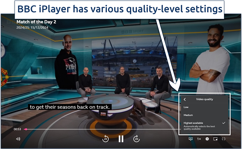 Screenshot of streaming Match of the Day 2 on BBC iPlayer with its video quality settings
