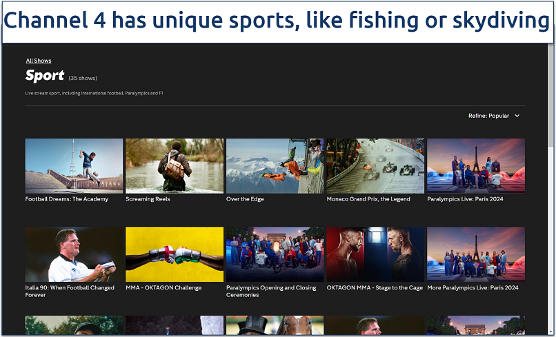 Screenshot of the Channel 4 Sports catalogue