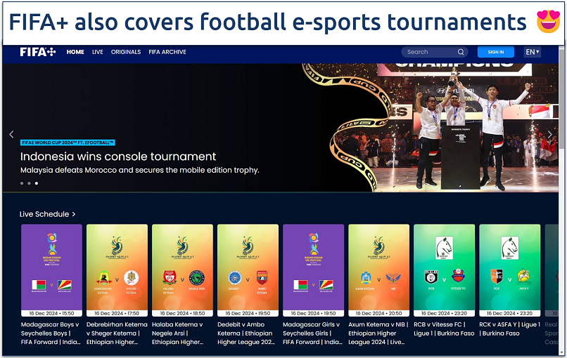 Screenshot of the FIFA+ home page with its e-sports and live football content