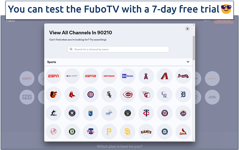 Screenshot of sports channel lineup on FuboTV