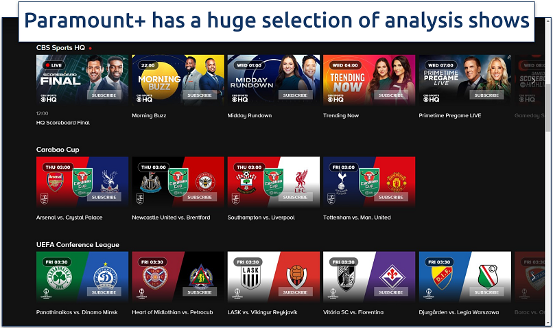 Screenshot of the selection of live sports events and studio shows on Paramount+