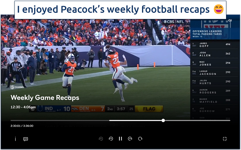 Screenshot of streaming weekly NFL recaps on Peacock