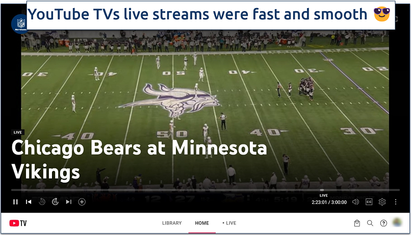 Screenshot of streaming Chicago Bears vs Minnesota Vikings live on YouTube TV