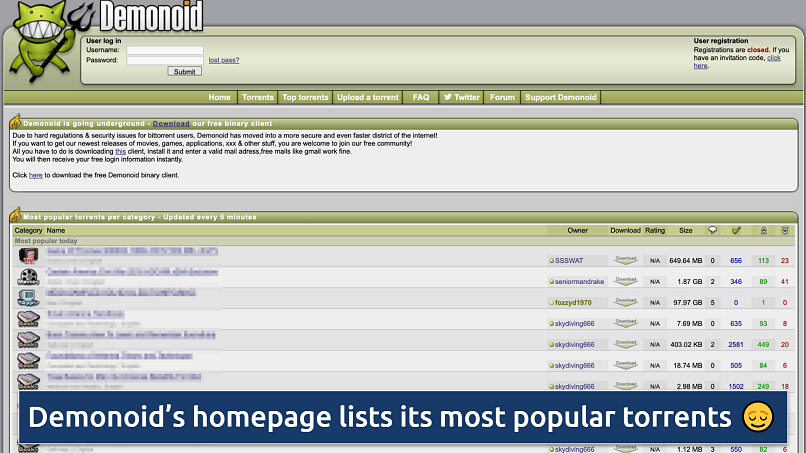 Screenshot of the Demonoid homepage