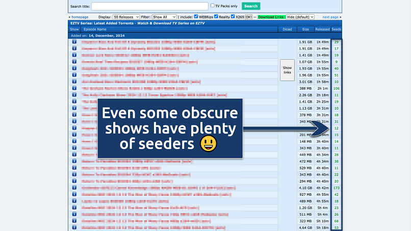 Screenshot of the eztv search results page