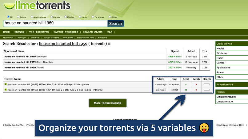 Screenshot of the limetorrents search results page