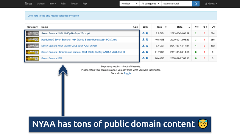 Screenshot of the NYAA search results page