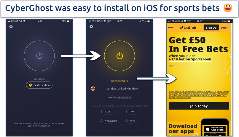 Screenshot showing how to connect to CyberGhost for betting on mobile