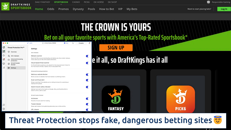 Screenshot showing the NordVPN app over the DraftKings website