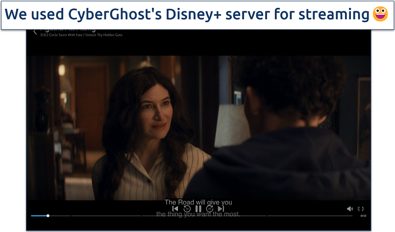 Screenshot of Disney+ streaming with CyberGhost connected