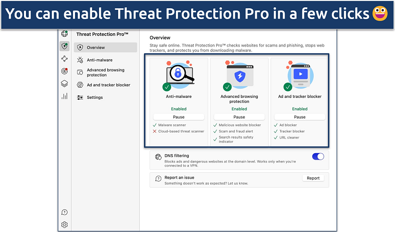 Screenshot showing how to enable NordVPN's Threat Protection Pro