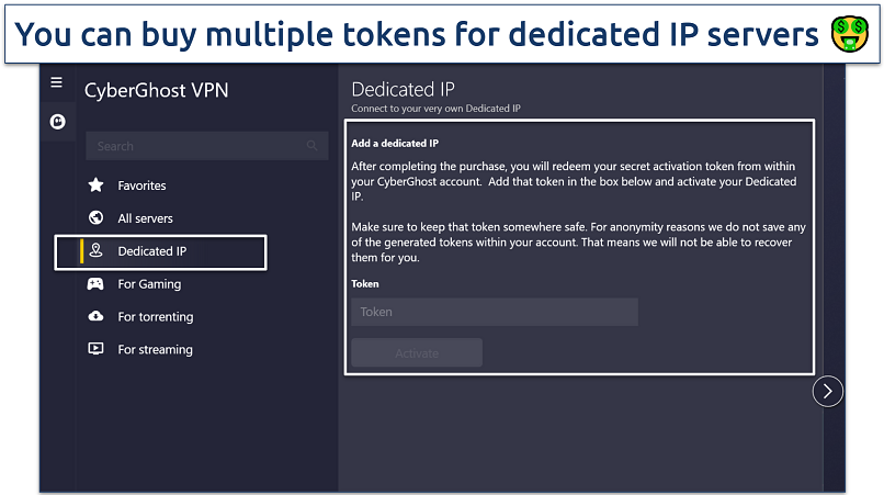 Screenshot of CyberGhost's Dedicated IP settings