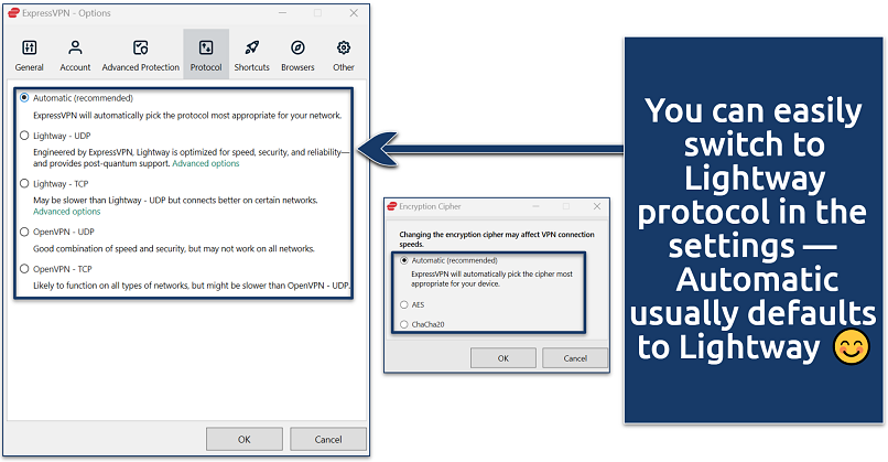 Screenshot of ExpressVPN's protocol settings