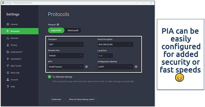 Screenshot of PIA's security settings