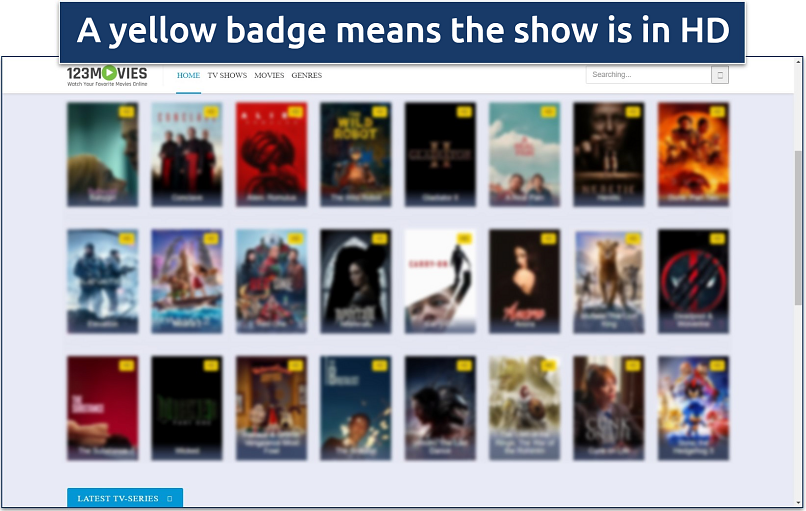 Screenshot of the library of movies on 123movies with HD badges