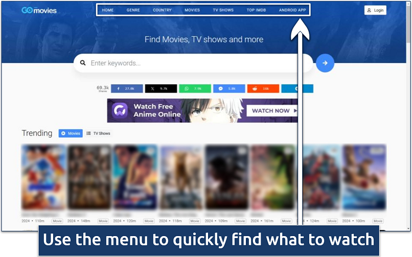Screenshot of the GoMovies website interface with its main navigation menu highlighted
