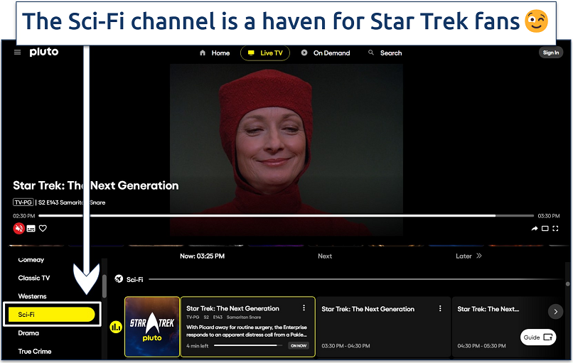 Screenshot of streaming Star Treak and the Sci-Fi channel selection on Pluto TV