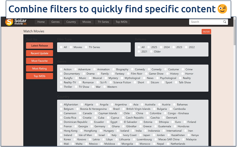 Screenshot of SolarMovies extensive filter tools