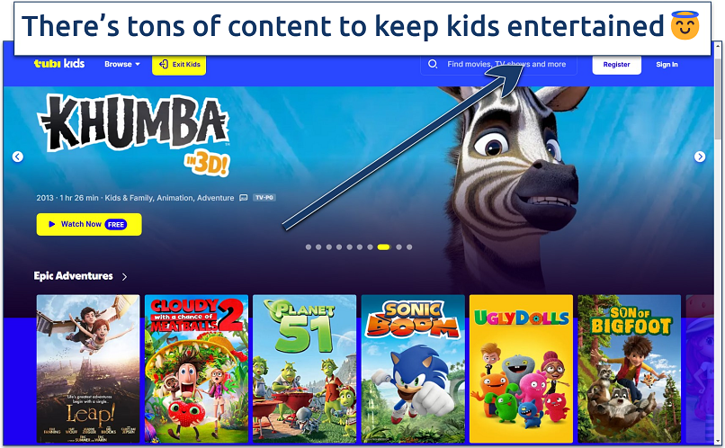 Screenshot of the Kids shows area on Tubi