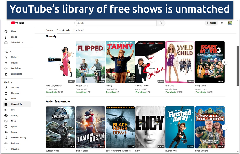 Screenshot of YouTube Movies & TV with its selection of 