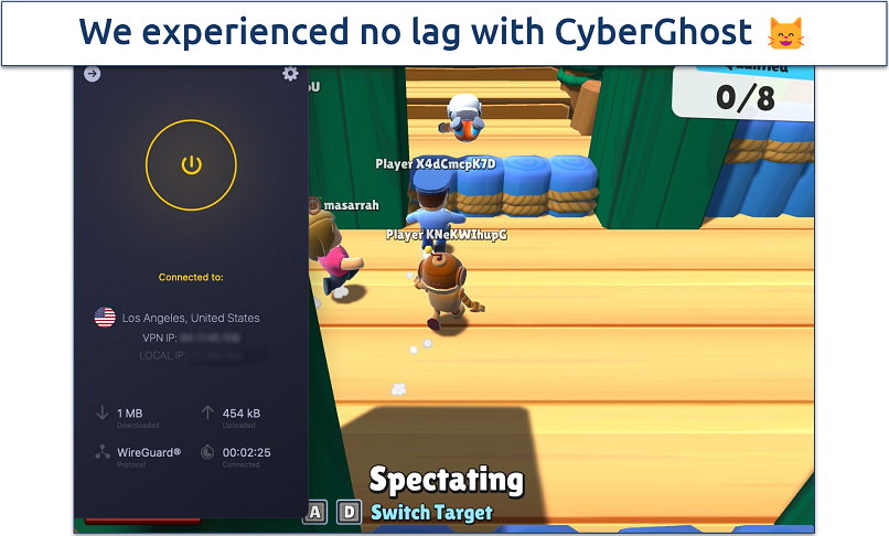 The Fallout Guys game with the CyberGhost app connected to the US server in the background