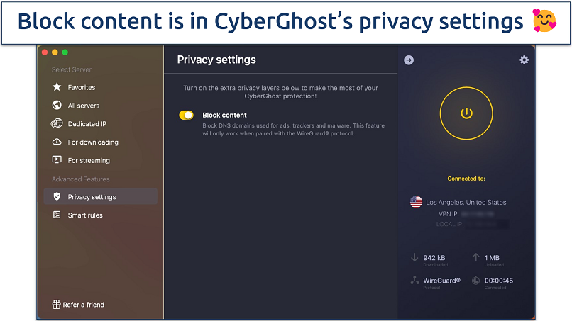 Screenshot of the privacy settings in the CyberGhost app with the Block content feature enabled