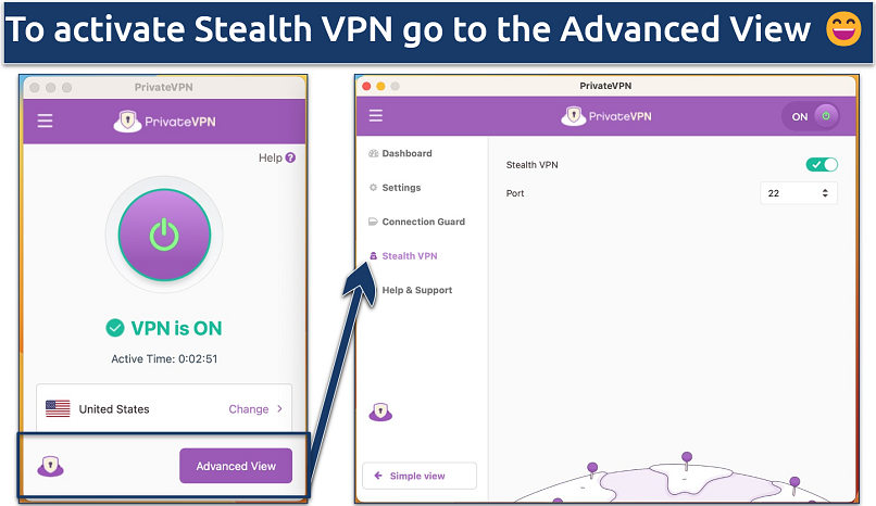 Screenshot of the PrivateVPN's advanced view with the Stealth VPN feature enabled