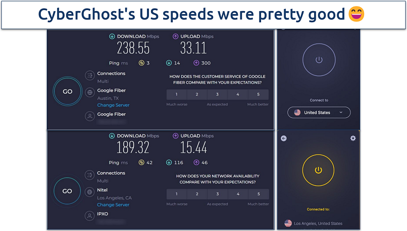 Screenshot of the speed test performed on CyberGhost's US server.