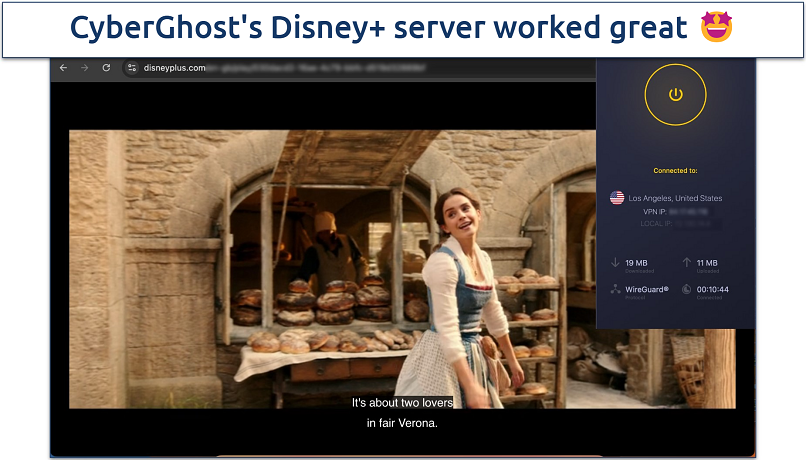 Screenshot of Disney+ streaming with the CyberGhost app in the background