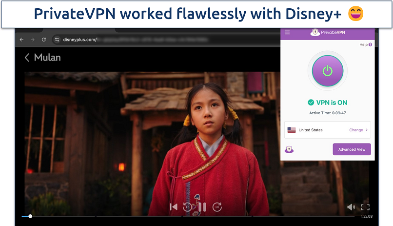 Screenshot of Disney+ streaming with the PrivateVPN app in the background