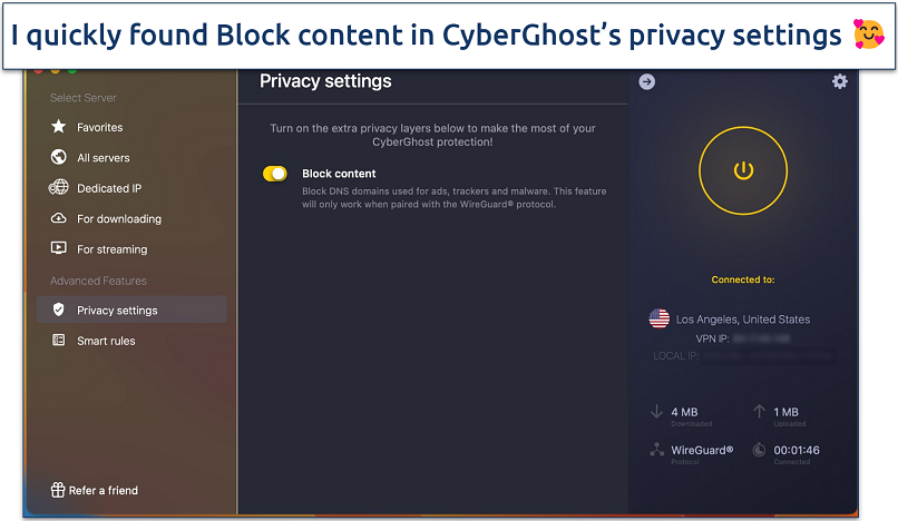 Screenshot of the privacy settings in the CyberGhost app with the Block content feature enabled