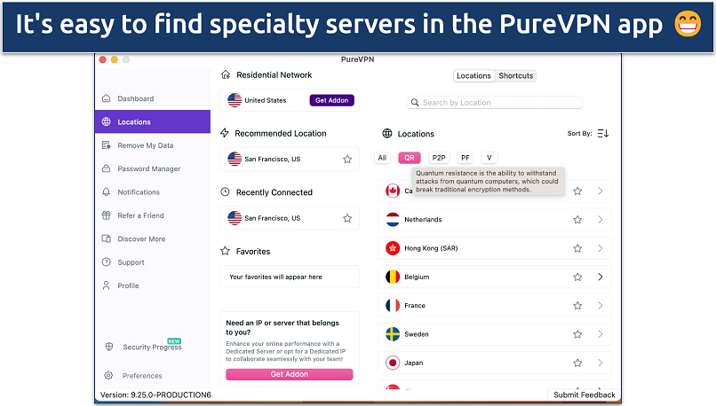 Screenshot of the server list in the PureVPN app