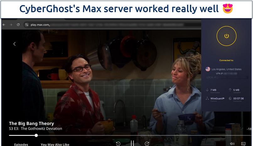 Screenshot of Max streaming with the CyberGhost app in the background