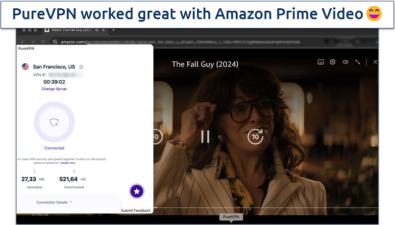 Screenshot of Amazon Prime Video streaming with the PureVPN app in the background